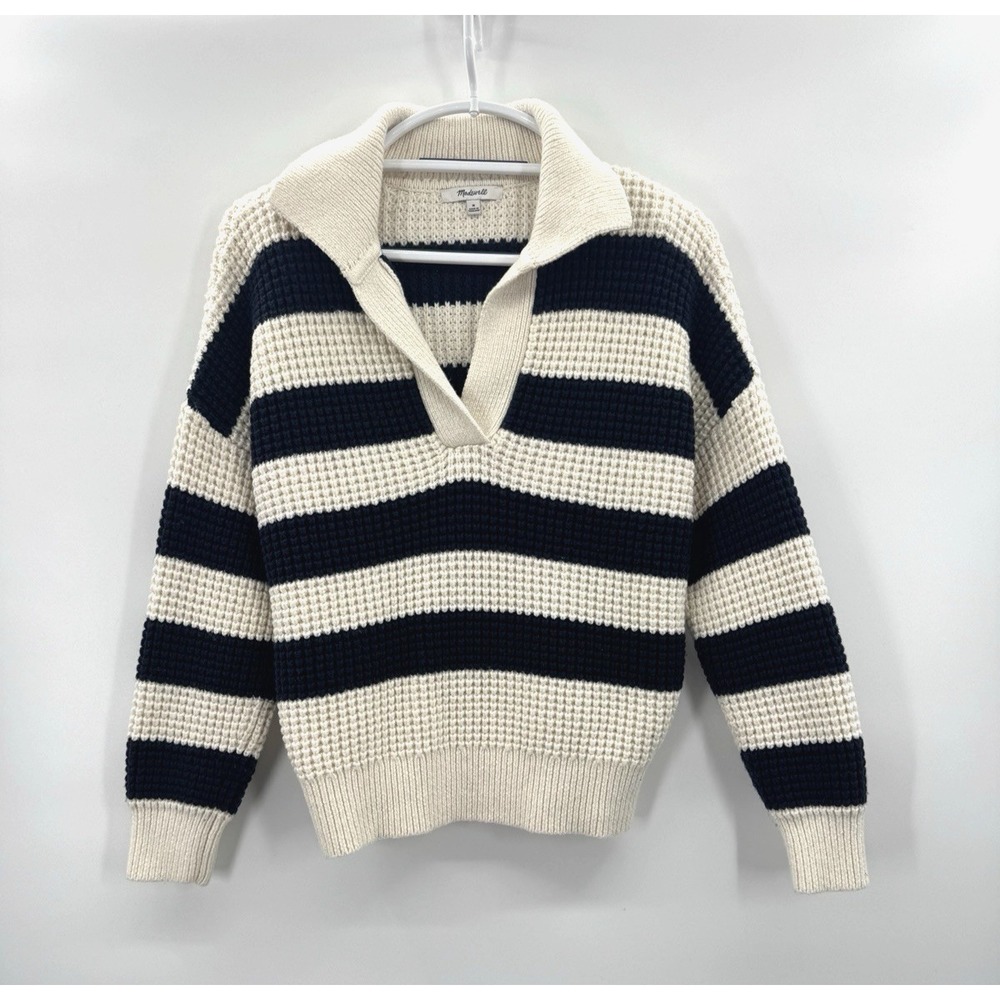 Madewell Women Striped Sweater Medium Wool Chunky Knit Fisherman Preppy Nautical